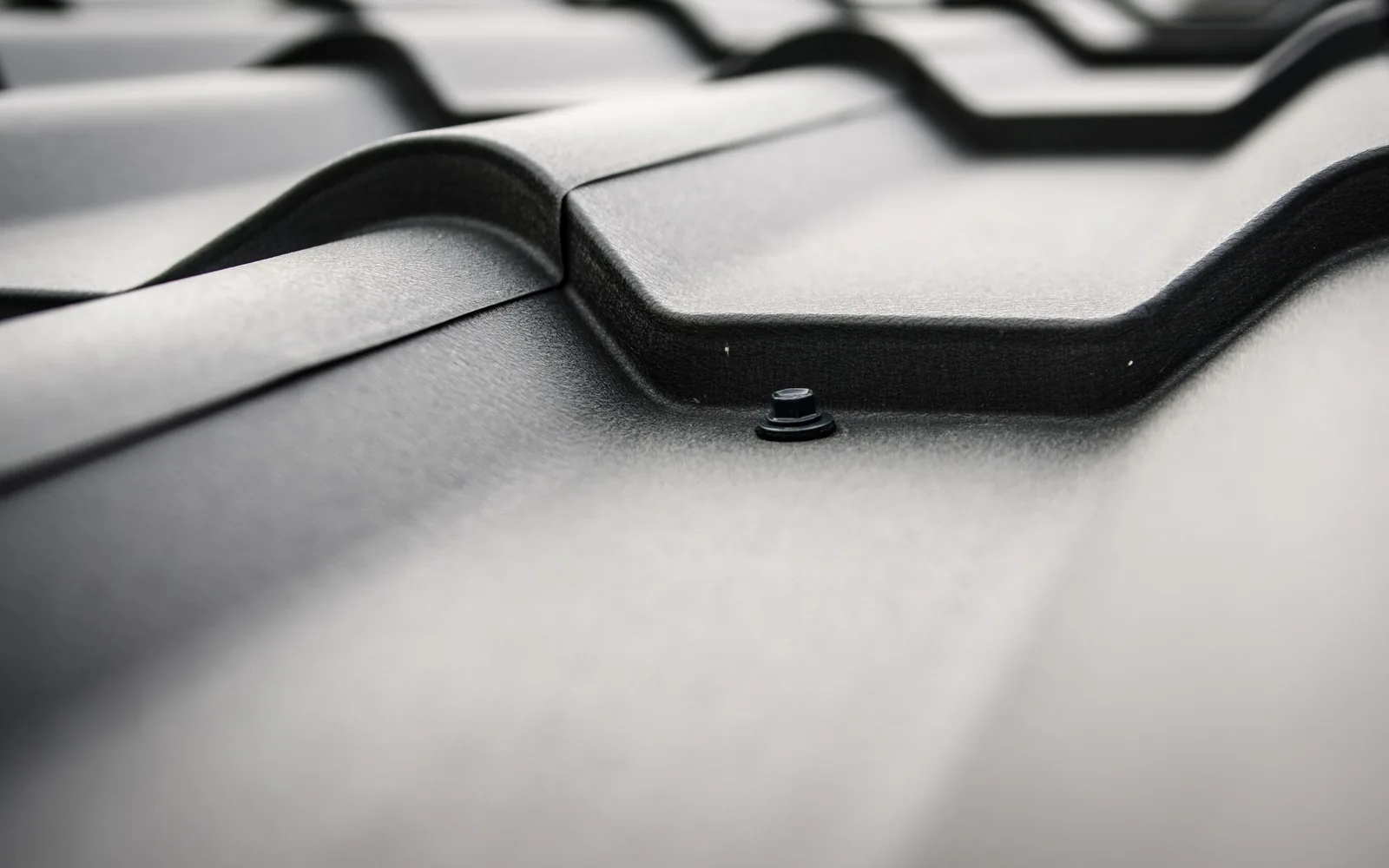 Close view of formed black metal roofing panels and exposed fastener detail.
