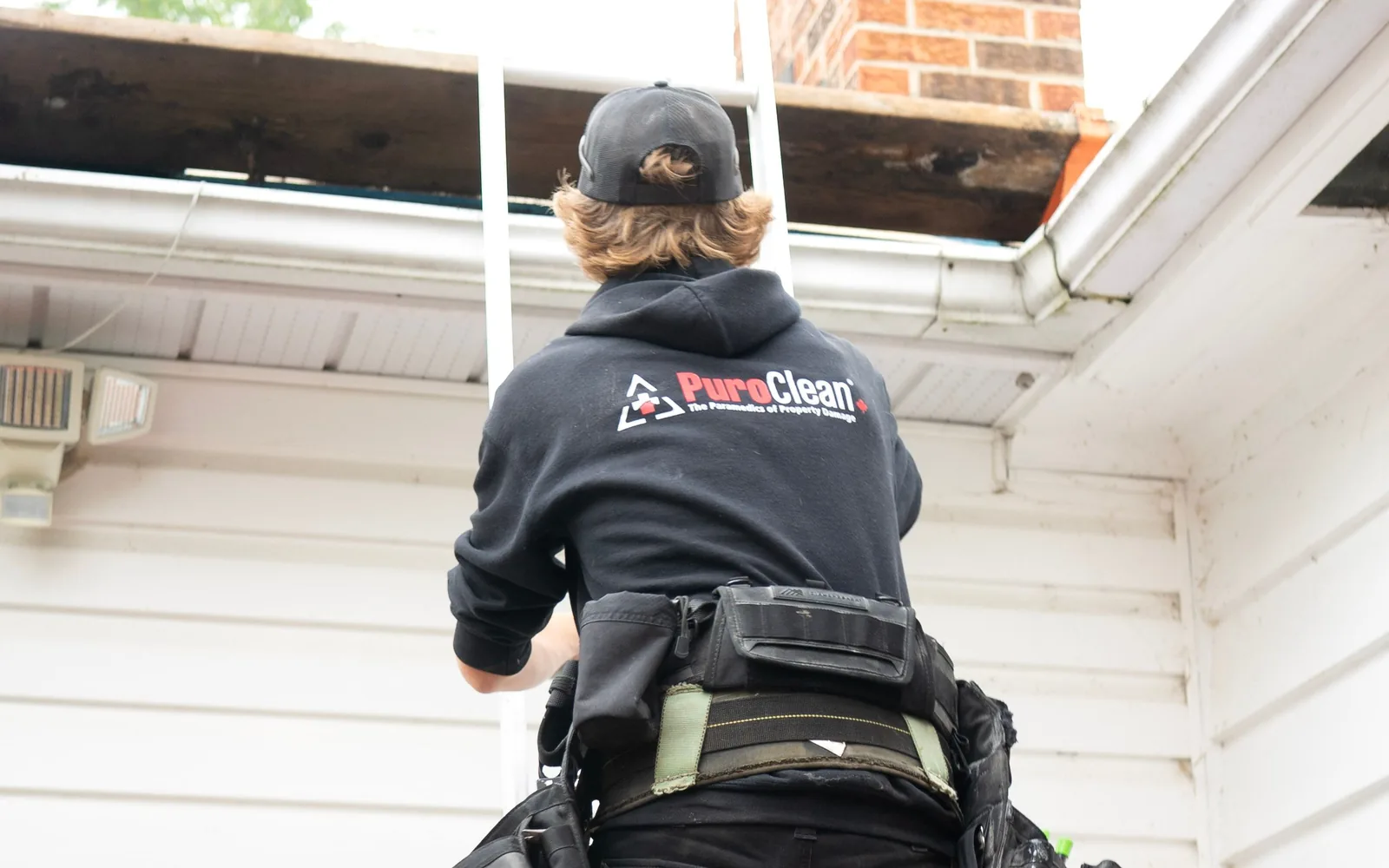Roofing professional climbing a ladder to inspect a roof and chimney area.